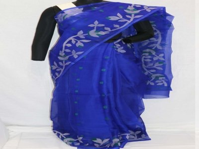 Daccai - Electric blue with beize, green and zari/gold weave